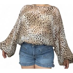Y2K Bebe Cheetah Print‎ Batwing Balloon Sleeve Blouse Top Sheer 100% Silk Medium